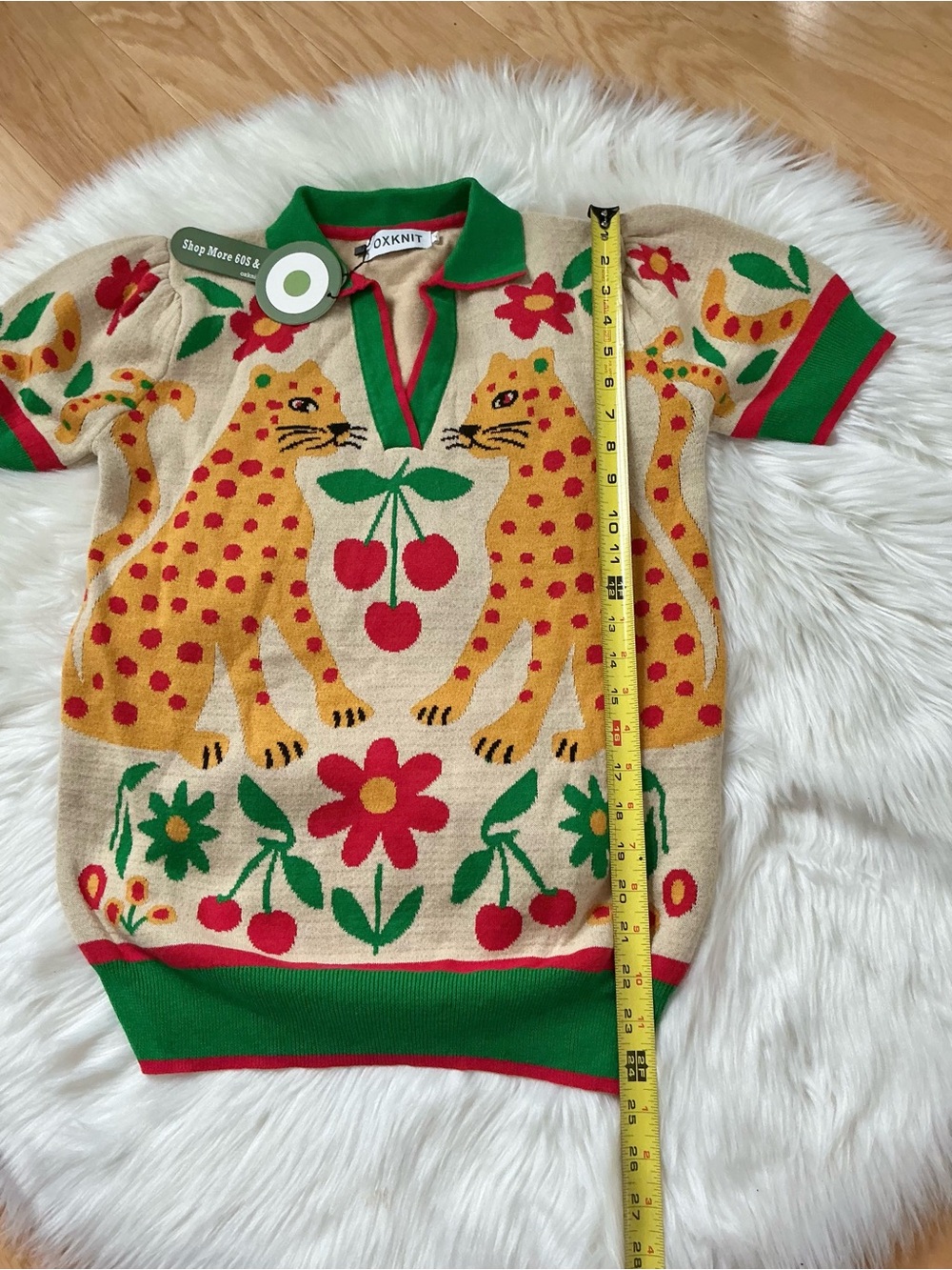 OKKNIT Short Sleeve V-Neck Leopard Motif w/ Cherries & Flowers Cotton Sweater - Picture 3 of 6